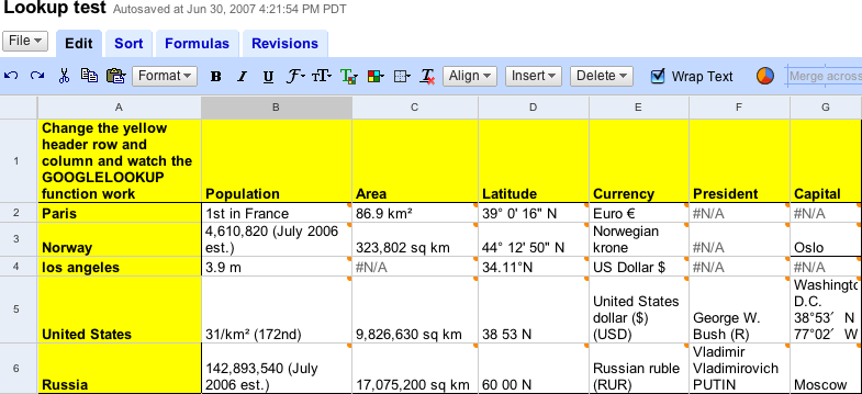 Lookup test spreadsheet